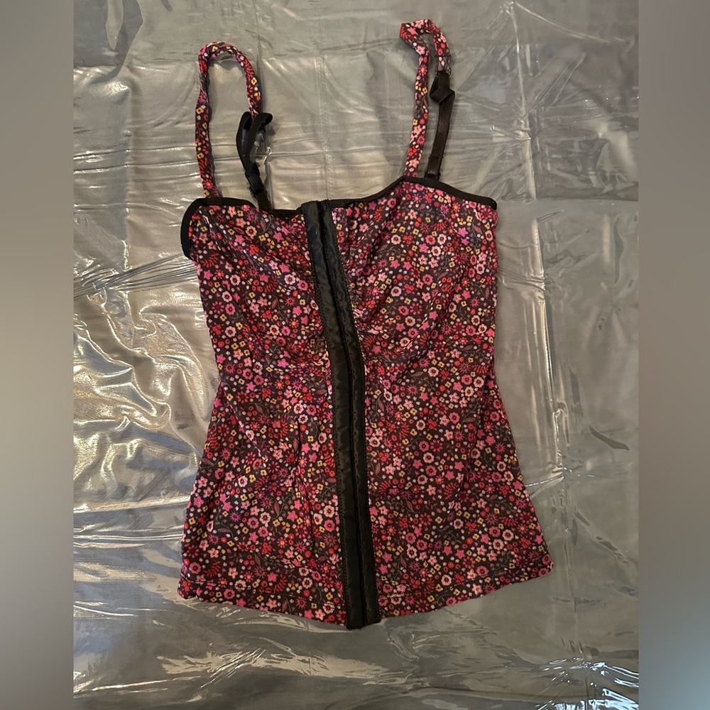 Floral Pink & black nylon stretchy adjustable shoulder size camisole/tank,size L